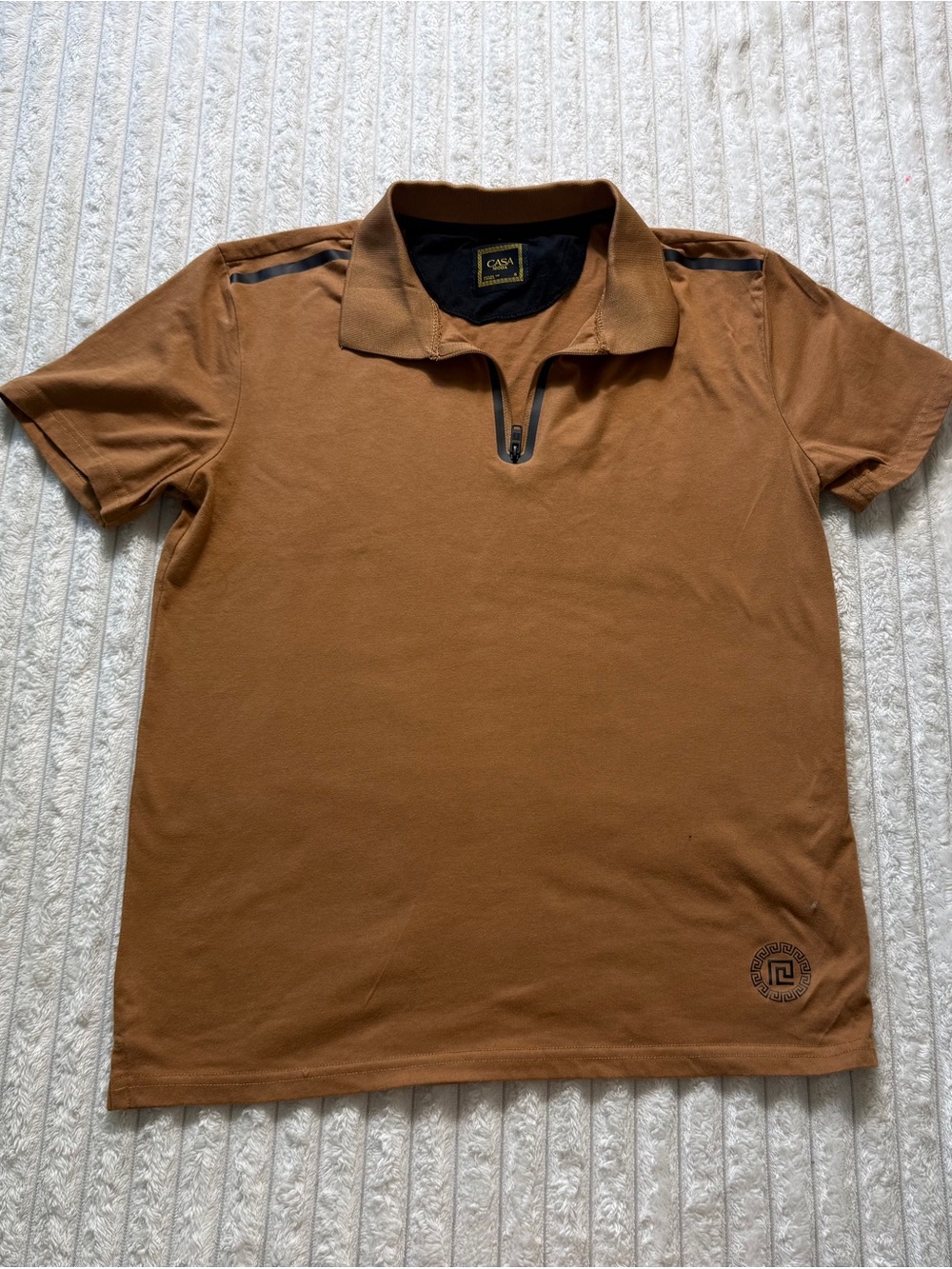CASA MODA Men's Brown Solid 1/4 Zip Collared Short Sleeve Polo Shirt S